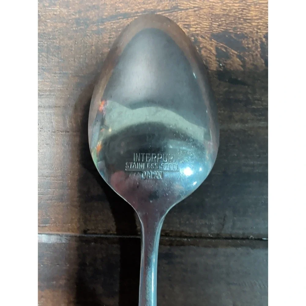 2 Interpur Stainless‎ Black Handle Teaspoon Canoe Heart Scroll Japan Vtg